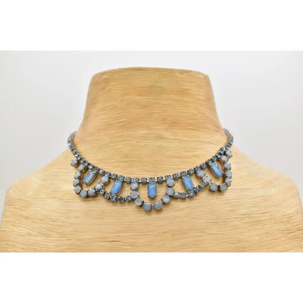 Vintage Crystal Collar Necklace Cabochon Blue Prong Rhinestone Silver 60s Bin3D